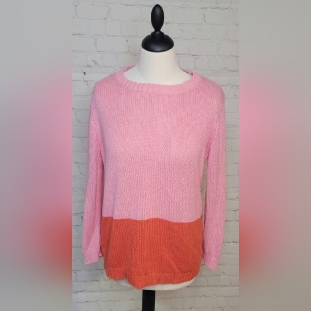 Loft Pink Orange Color block Knit Sweater Sz L Crewneck Long Sleeves two-tone
